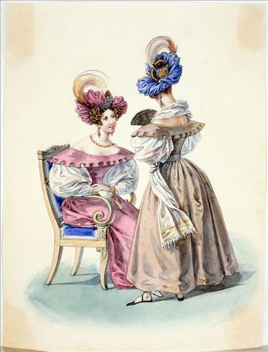 Elément d'un album de 77 aquarelles pour le Journal des Dames et des Modes, 1831-1832. Dessin pour le Journal des Dames et des Modes, n°20, 10 avril 1832 - Planche 42 : Turban de gaze orné d'un oiseau de paradis. Robe de moire