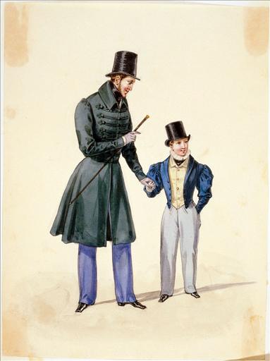 Elément d'un album de 77 aquarelles pour le Journal des Dames et des Modes, 1831-1832. Dessin pour le Journal des Dames et des Modes, n°15, 15 mars 1832 - Planche 43 : Redingote à brandebourgs. Costume d'enfant