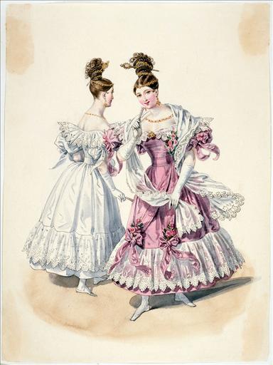 Elément d'un album de 77 aquarelles pour le Journal des Dames et des Modes, 1831-1832. Dessin pour le Journal des Dames et des Modes, n°19, 5 avril 1832 - Planche 44 : Coiffure ornée de chaînes et d'une flèche. Robe de satin garnie de blonde et de rubans. Echarpe en blonde