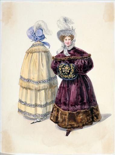 Elément d'un album de 77 aquarelles pour le Journal des Dames et des Modes, 1831-1832. Dessin pour le Journal des Dames et des Modes, 10 février 1832 - Planche 46 : Capote ornée d'une plume. Robe de velours brodé en soie, garnie de martre. Manchon brodé. Manteau de cachemire français