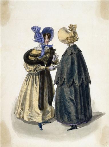Elément d'un album de 77 aquarelles pour le Journal des Dames et des Modes, 1831-1832. Dessin de 77 aquarelles pour le Journal des Dames et des Modes, 1831-1832. Dessin pour le Journal des Dames et des Modes, n°66, 30 novembre 1831 - Planche 47 : Chapeaux de satin à noeud de cravate. Robe de moire. Manteau de velours d'Ispahan