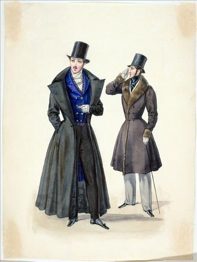 Elément d'un album de 77 aquarelles pour le Journal des Dames et des Modes, 1831-1832. Dessin pour le Journal des Dames et des Modes, n°69, 15 décembre 1831- Planche 48 : Pardessus à jupe et à large revers. Redingote à collet schall et parements en fourrure