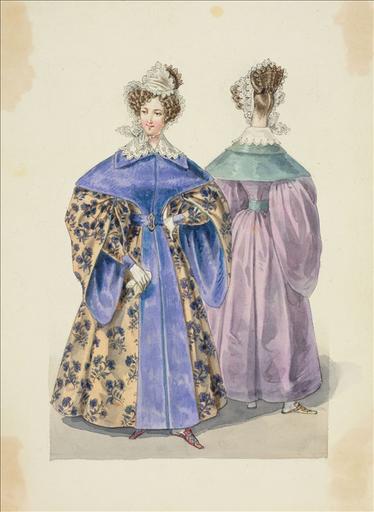 Elément d'un album de 77 aquarelles pour le Journal des Dames et des Modes, 1831-1832. Dessin pour le Journal des Dames et des Modes, n°70, 20 décembre 1831 - Planche 49 : Fichu en tulle à la Fanchon. Robe de chambre en chaly à manches pagodes et à pèlerine. Schall en peluche de soie