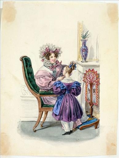 Elément d'un album de 77 aquarelles pour le Journal des Dames et des Modes, 1831-1832. Dessin pour le Journal des Dames et des Modes, n°68, 10 décembre 1831 - Planche 5 : Femme assise sur un fauteuil Voltaire, portant une robe de ville rose, un col et un bonnet de lingerie. Fillette en robe violette et tablier à bretelles en jockey, en gros de Naples, pantalons blancs