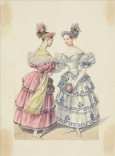 Elément d'un album de 77 aquarelles pour le Journal des Dames et des Modes, 1831-1832. Dessin pour le Journal des Dames et des Modes, n°67, 5 décembre 1831- Planche 50 : Robe à fagnion en tulle brodé et lamé