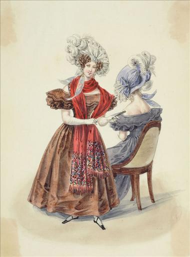 Elément d'un album de 77 aquarelles pour le Journal des Dames et des Modes, 1831-1832. Dessin pour le Journal des Dames et des Modes, n°58, 20 octobre 1831- Planche 51 : Chapeau de gaze. Robe de satin polonais