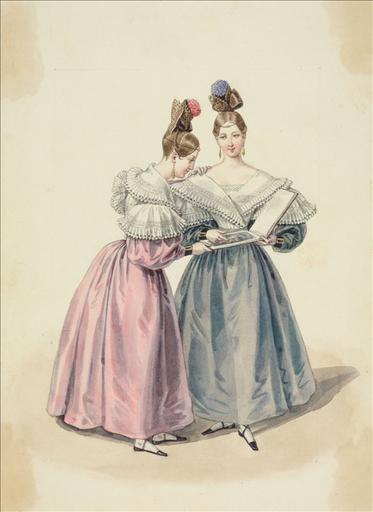 Elément d'un album de 77 aquarelles pour le Journal des Dames et des Modes, 1831-1832. Dessin pour le Journal des Dames et des Modes, n°57, 156 octobre 1831 - Planche 52 : Canezou à schall. Coiffure ornée d'une fleur pompon
