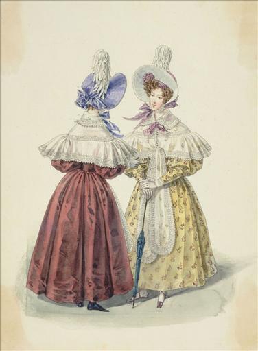 Elément d'un album de 77 aquarelles pour le Journal des Dames et des Modes, 1831-1832. Dessin pour le Journal des Dames et des Modes, n°52, 20 septembre 1831- Planche 53 : Capotes de moiré, ornées d'un plumet-saule. Robe de satin polonais et de chaly. Echarpe-pèlerine
