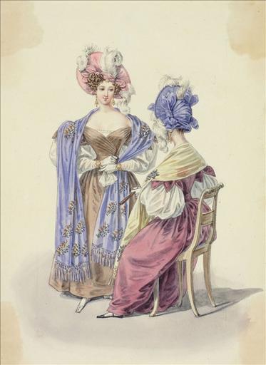 Elément d'un album de 77 aquarelles pour le Journal des Dames et des Modes, 1831-1832. Dessin pour le Journal des Dames et des Modes, 1831 - Planche 54 : Chapeaux à plumes et noeuds. Robes à plis. Echarpes