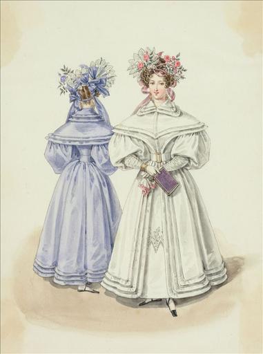 Elément d'un album de 77 aquarelles pour le Journal des Dames et des Modes, 1831-1832. Dessin pour le Journal des Dames et des Modes, n°51, 15 septembre 1831- Planche 55 : Bonnets de blonde et de réseaux de rubans. Pardessus d'organdi, orné de biais. Aquarelle, gouache, mine de plomb