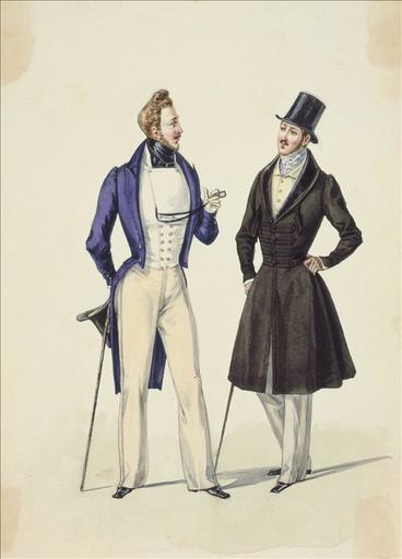Elément d'un album de 77 aquarelles pour le Journal des Dames et des Modes, 1831-1832. Dessin pour le Journal des Dames et des Modes, n°33, 15 juin 1832 - Planche 56 : Habit ouvert, gilet, pantalon de casimir. Redingote