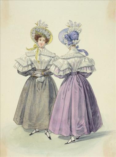 Elément d'un album de 77 aquarelles pour le Journal des Dames et des Modes, 1831-1832. Dessin pour le Journal des Dames et des Modes, n°25, 5 mai 1832 - Planche 57 : Chapeau de satin à raies orné de blonde et de fleurs. Robe de gros de Naples. Canezou de mousseline brodé et garni de dentelle