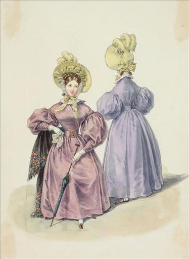 Elément d'un album de 77 aquarelles pour le Journal des Dames et des Modes, 1831-1832. Dessin pour le Journal des Dames et des Modes, n°50, 10 septembre 1831 - Planche 58 : Chapeaux de moire. Redingote de gros d'Orient