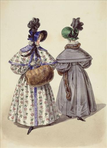 Elément d'un album de 77 aquarelles pour le Journal des Dames et des Modes, 1831-1832. Dessin pour le Journal des Dames et des Modes, n°70, décembre 1832 - Planche 59 : Capotes de moires ornées d'un plumet. Robe de mousseline de laine