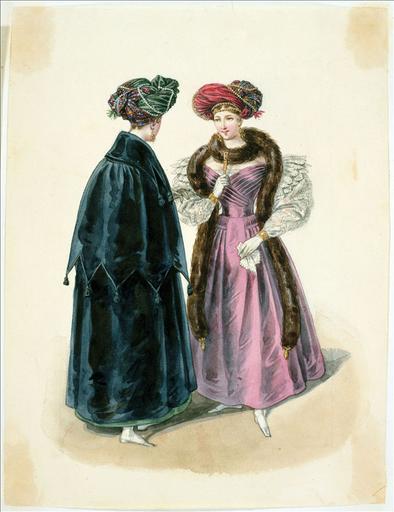 Elément d'un album de 77 aquarelles pour le Journal des Dames et des Modes, 1831-1832. Dessin pour le Journal des Dames et des Modes, n°69, 5 décembre 1831- Planche 6 : Turbans en cachemire. Robe à plis arrêtés sur les hanches, manteau