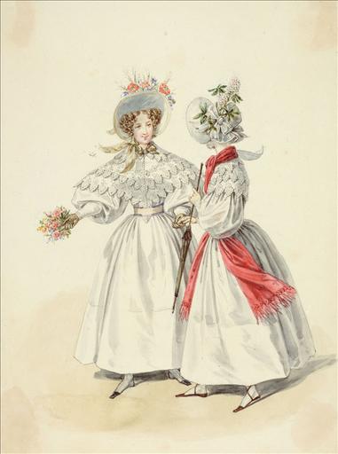 Elément d'un album de 77 aquarelles pour le Journal des Dames et des Modes, 1831-1832. Dessin pour le Journal des Dames et des Modes, n°37, 5 juillet 1832 - Planche 61 : Paille cousue ornée de fleurs des champs. Robes de jaconas