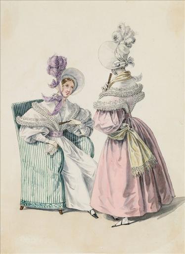 Elément d'un album de 77 aquarelles pour le Journal des Dames et des Modes, 1831-1832. Dessin pour le Journal des Dames et des Modes, n°49, 5 septembre 1832 - Planche 62 : Chapeau de paille orné d'un bouquet de plumes. Robe de batiste d'Ecosse garnie d'une pèlerine brodée et bordée de ruchés de tulle