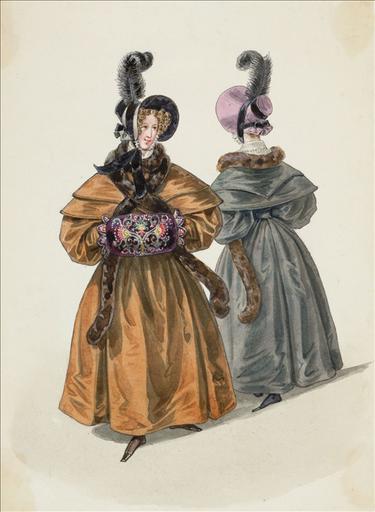 Elément d'un album de 77 aquarelles pour le Journal des Dames et des Modes, 1831-1832. Dessin pour le Journal des Dames et des Modes, n°67, 5 décembre 1832 - Planche 63 : Capote de satin ornée de rubans de velours et d'une plume. Robe de satin. Manchon de velours brodé en soie