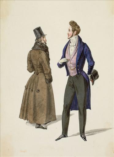 Elément d'un album de 77 aquarelles pour le Journal des Dames et des Modes, 1831-1832. Dessin pour le Journal des Dames et des Modes, n°69, 15 décembre 1832 - Planche 64 : Habit à boutons d'or. Gilet moiré. Pantalon de casimir. Pardessus garni d'astrakan et de tresses