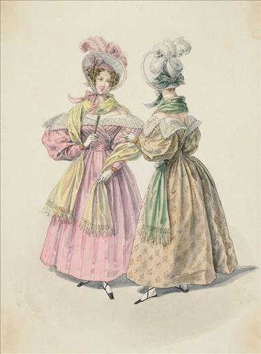 Elément d'un album de 77 aquarelles pour le Journal des Dames et des Modes, 1831-1832. Dessin pour le Journal des Dames et des Modes, n°53, 25 septembre 1832 - Planche 65 : Capotes à plumes et noeud. Robe de chaly satiné à corsage plissé. Echarpe