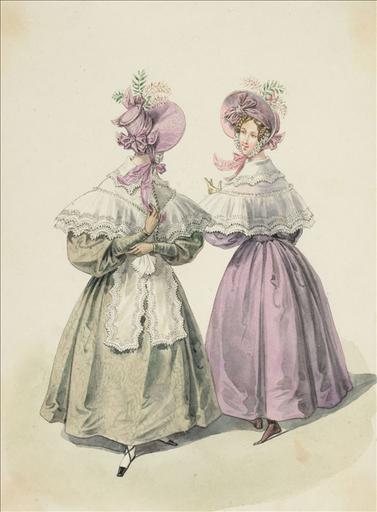 Elément d'un album de 77 aquarelles pour le Journal des Dames et des Modes, 1831-1832. Dessin pour le Journal des Dames et des Modes, n°55, 5 octobre 1832 - Planche 66 : Chapeau de crêpe. Robe de moire. Pèlerine de mousseline brodée et bordée de dentelles