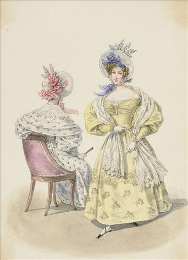 Elément d'un album de 77 aquarelles pour le Journal des Dames et des Modes, 1831-1832. Dessin pour le Journal des Dames et des Modes, n°52, 20 septembre 1832 - Planche 67 : Chapeaux de paille de riz ornés de pieds d'alouette. Robe de chaly brodé. Robe de moire imprimée, à pèlerine. Echarpe de blonde
