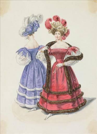Elément d'un album de 77 aquarelles pour le Journal des Dames et des Modes, 1831-1832. Dessin pour le Journal des Dames et des Modes, n°5, 25 janvier 1832 - Planche 68 : Toque en tulle lamé. Robe de satin à corsage plissé