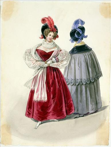 Elément d'un album de 77 aquarelles pour le Journal des Dames et des Modes, 1831-1832. Dessin pour le Journal des Dames et des Modes, n°71, 25 décembre 1832 - Planche 7 : Chapeau de velours. Robe de velours. Manches de blondes. Manteau en casimir brodé à colet de velours