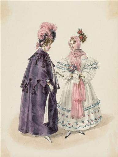 Elément d'un album de 77 aquarelles pour le Journal des Dames et des Modes, 1831-1832. Dessin pour le Journal des Dames et des Modes, n°55, 5 octobre 1831 - Planche 70 : Manteau de velours à pèlerine ornée de glands. Robe d'organdi brodé en laine. Echarpe jetée sur une coiffure à la grecque au sortir du spectacle