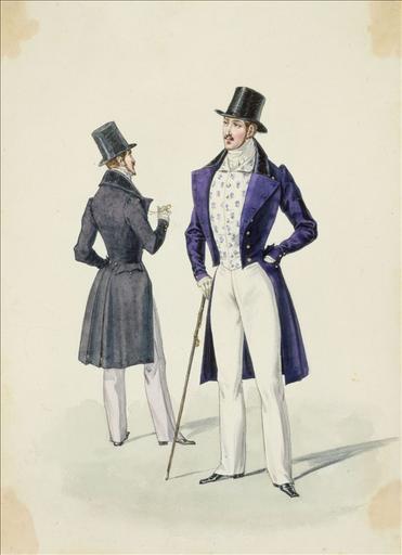 Elément d'un album de 77 aquarelles pour le Journal des Dames et des Modes, 1831-1832. Dessin pour le Journal des Dames et des Modes, n°27, 15 mai 1832 - Planche 71 : Habit à basques et revers très larges. Gilet et pantalon de piqué de casimir