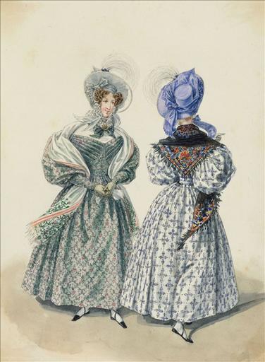 Elément d'un album de 77 aquarelles pour le Journal des Dames et des Modes, 1831-1832. Dessin pour le Journal des Dames et des Modes, n°41, 25 juillet 1832 - Planche 72 : Chapeau de crêpe orné dun esprit. Robe de mousseline de laine