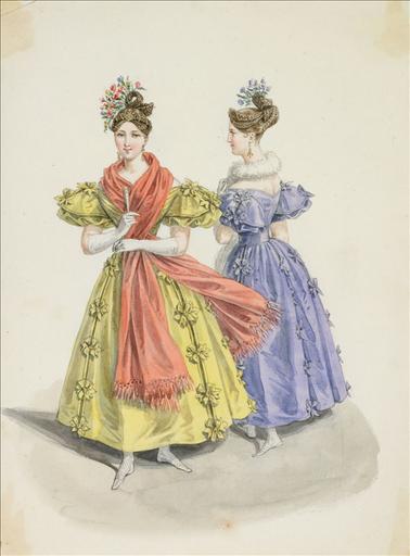 Elément d'un album de 77 aquarelles pour le Journal des Dames et des Modes, 1831-1832. Dessin pour le Journal des Dames et des Modes, n°1, 5 janvier 1832 - Planche 73 : Coiffure créée de fleurs et de perles d'or. Robe à lés assemblés par un ruban orné de noeuds