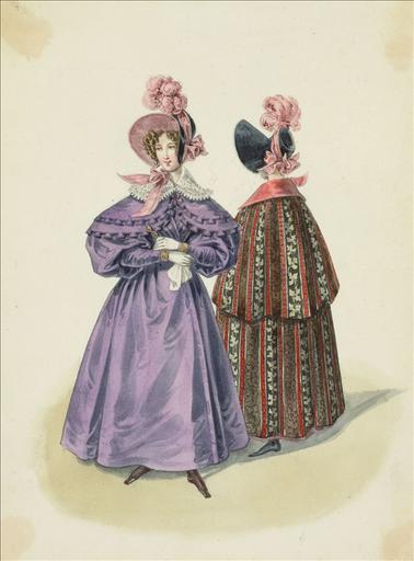 Elément d'un album de 77 aquarelles pour le Journal des Dames et des Modes, 1831-1832. Dessin pour le Journal des Dames et des Modes, n°62, 10 novembre 1831- Planche 74 : Robe de satin à la Reine,Capote de velours doublée de gros de Naples. Robe de satin à la Reine. Manteau de reps indienne