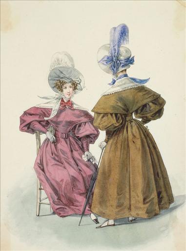 Elément d'un album de 77 aquarelles pour le Journal des Dames et des Modes, 1831-1832. Dessin pour le Journal des Dames et des Modes, n°27, 15 mai 1832 - Planche 75 : Chapeau de paille de riz orné d'une plume. Robe de chaly à pèlerine