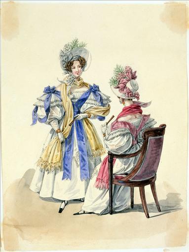Elément d'un album de 77 aquarelles pour le Journal des Dames et des Modes, 1831-1832. Dessin pour le Journal des Dames et des Modes, n°43, 5 août 1832 - Planche 8 : Robes de mousseline brodée. Fichus-écharpes en rubans. Chapeaux de paille de riz