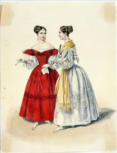 Elément d'un album de 77 aquarelles pour le Journal des Dames et des Modes, 1831-1832. Dessin pour le Journal des Dames et des Modes, n°59, 25 octobre 1831- Planche 9 : Coiffure à la grecque ornée d'une chaîne d'or. Robe de cachemire brodé et robe de blonde