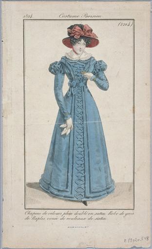 Journal des modes et des dames de 1824 : planche 2214 - Chapeau de velours plein doublé en satin, robe de gros de Naples ornée de rouleaux de satin