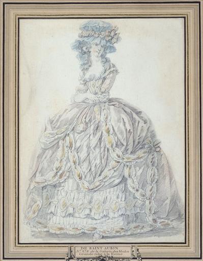 Dessin préparatoire pour la planche 378 du 2ème cahier de grandes robes d'étiquette de la cour de France faisant suite aux Costumes français, vers 1787, édités par J.Esnault et M.Rapilly : grande robe à la Reine, chapeau à la Milady