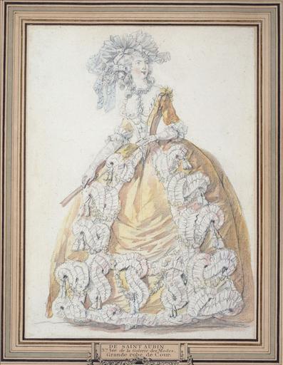 Dessin préparatoire pour la planche 360 du 1er cahier de grandes robes d'étiquette de la cour de France faisant suite aux costumes français, vers 1787, édités par J.Esnault et M.Rapilly : grande robe de cour