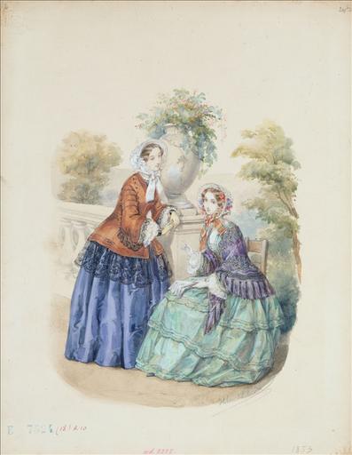 Planche préparatoire pour gravure de mode dans Le Bon Ton, 1er avril 1853, planche 20 : toilettes de Printemps : Capote ornée de marabout, robe à manches larges avec engageantes en dentelle, mante-caraco, brandelpaule. Chapeau de paille avec fleurs des champs, robe à manches terminées par des engageantes, jupe à trois volants