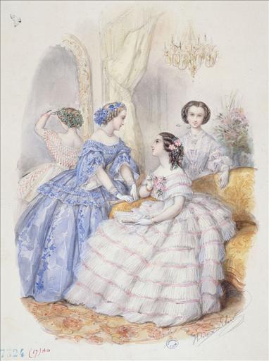 Planche préparatoire pour gravure de mode dans Le Bon Ton, 15 août 1857, planche 10. Quatre toilettes de bal : une robe blanche à huit rangs de volants plissés, une robe bleue à décolleté plissé, une robe de dos à décor de zigzags rouges, une robe à guimpe blanche ornée de noeuds