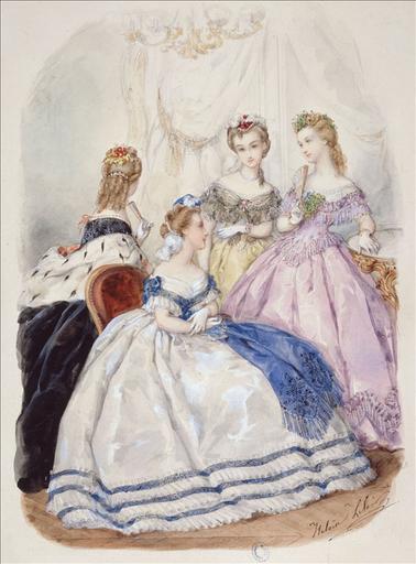 Planche préparatoire pour gravure de mode dans La Corbeille, 1er janvier 1864, planche 537. Quatre toilettes de bal : une décolletée blanche à ceinture bleue, une mauve à franges, une noire garnie de dentelle noire, une velours noir et cape d'hermine