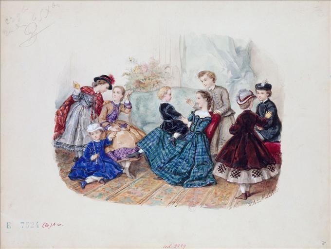 Planche préparatoire pour gravure de mode dans Le Bon Ton, 1er janvier 1864, planche 538 et Le Petit Messager 1er janvier 1864. Huit costumes d'enfants dans un intérieur