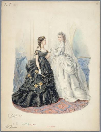 Dessin pour gravure de mode pour Le Bon Ton, 1er mars 1869, planche 13 et pour La France Elégante, 15 mars 1869, planche 944. Robe de bal noire à points blancs, à décor de fleurs jaunes sur les manches et les pans de la ceinture. Robe de mariée à long voile blanc