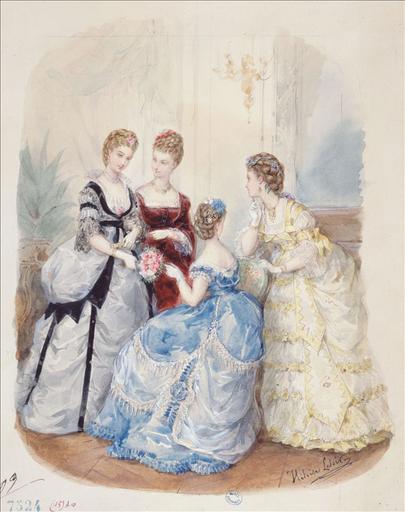 Planche préparatoire pour gravure de mode dans Le Bon Ton, 6 décembre 1869 planche 1003 et La France Elégante 15 décembre 1869 planche 1003. Quatre toilettes de bal : une robe bleue à décor de draperies blanches et perles en pendeloques, une robe blanche à décolleté carré ornée de fleurs et de rubans jaunes, une robe en soie grise à galons noirs et une robe en velours rouge
