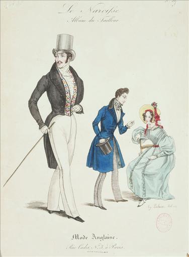 Le Narcisse - Album du tailleur. 1830, planche 21 : Mode anglaise, Rue Cadet, n°3