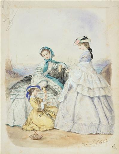 Planche préparatoire pour gravure de mode dans Le Bon Ton, 8 juillet 1861, planche 3 : Toilettes d'été pour femmes et fillettes