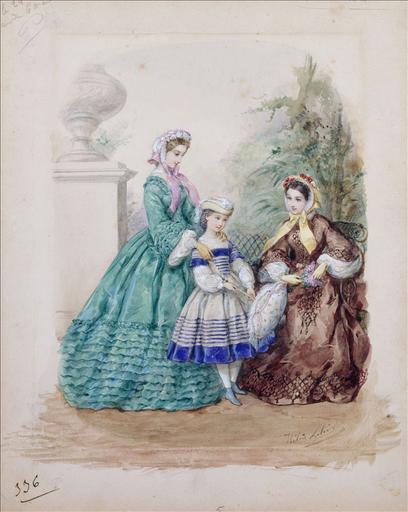 Planche préparatoire pour gravure dans La Corbeille, 1er juin 1861. Toilettes de printemps : deux femmes et une fillette, dans un jardin