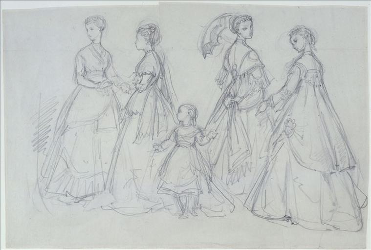 Ensembles de ville : quatre femmes et une fillette dans un parc ; Gouache sur carton