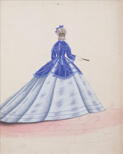 Figurine pour Madame Ghys, n°4006, vers 1865. Robe de ville, mantelet bleu à trois basques séparées et reliées par des cordelières, décor de passementerie
